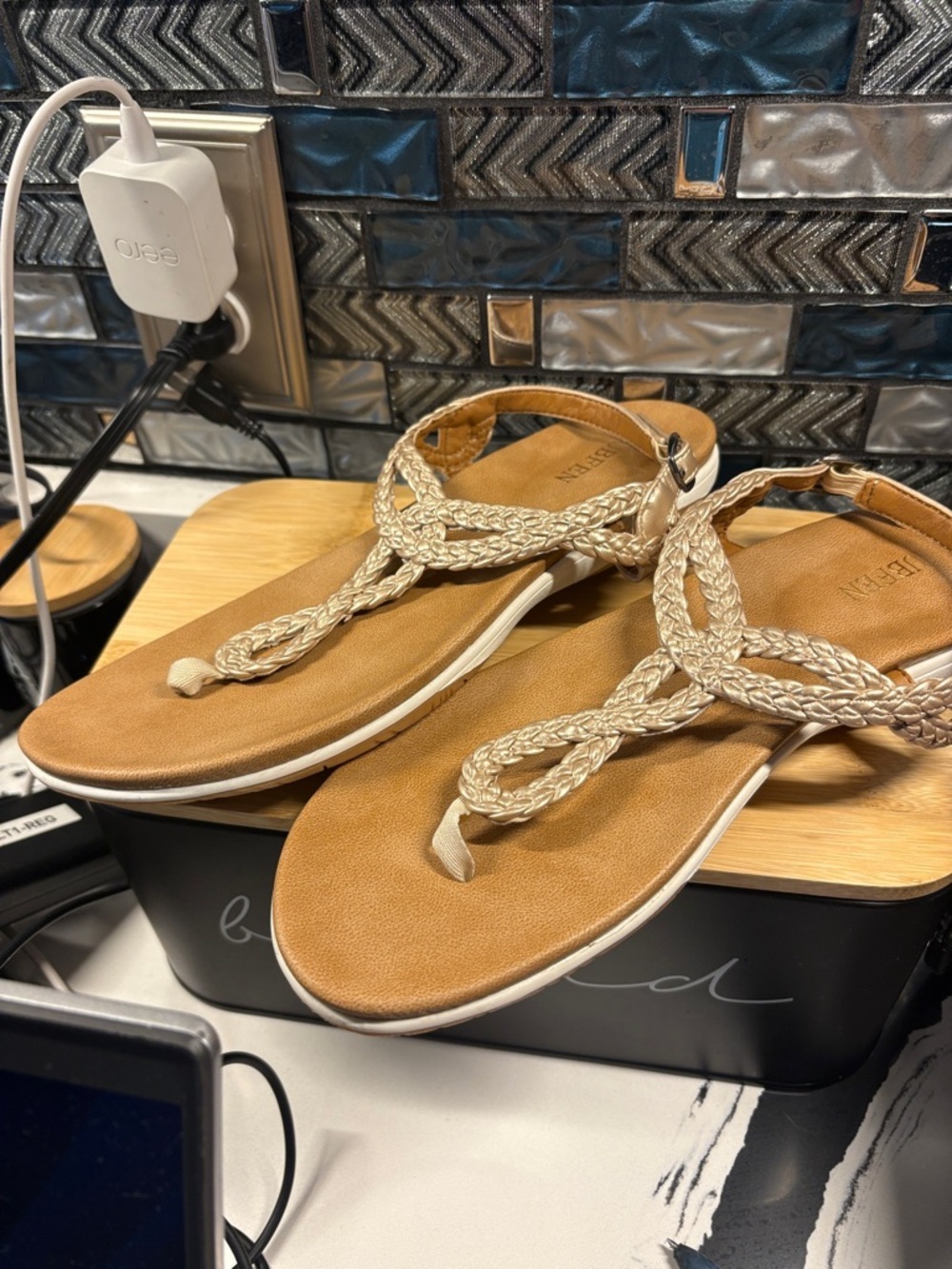 Braided Thong Sandals in Tan and Gold - Women's Casual Sandals